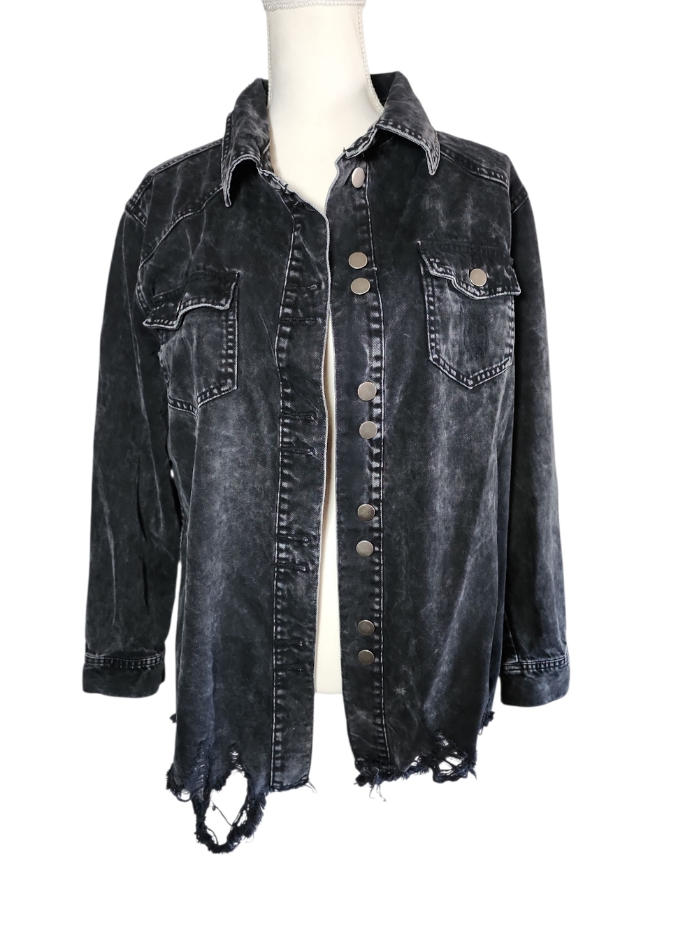 Easel Black Stonewash Distressed Denim Button Up Jacket Size Small